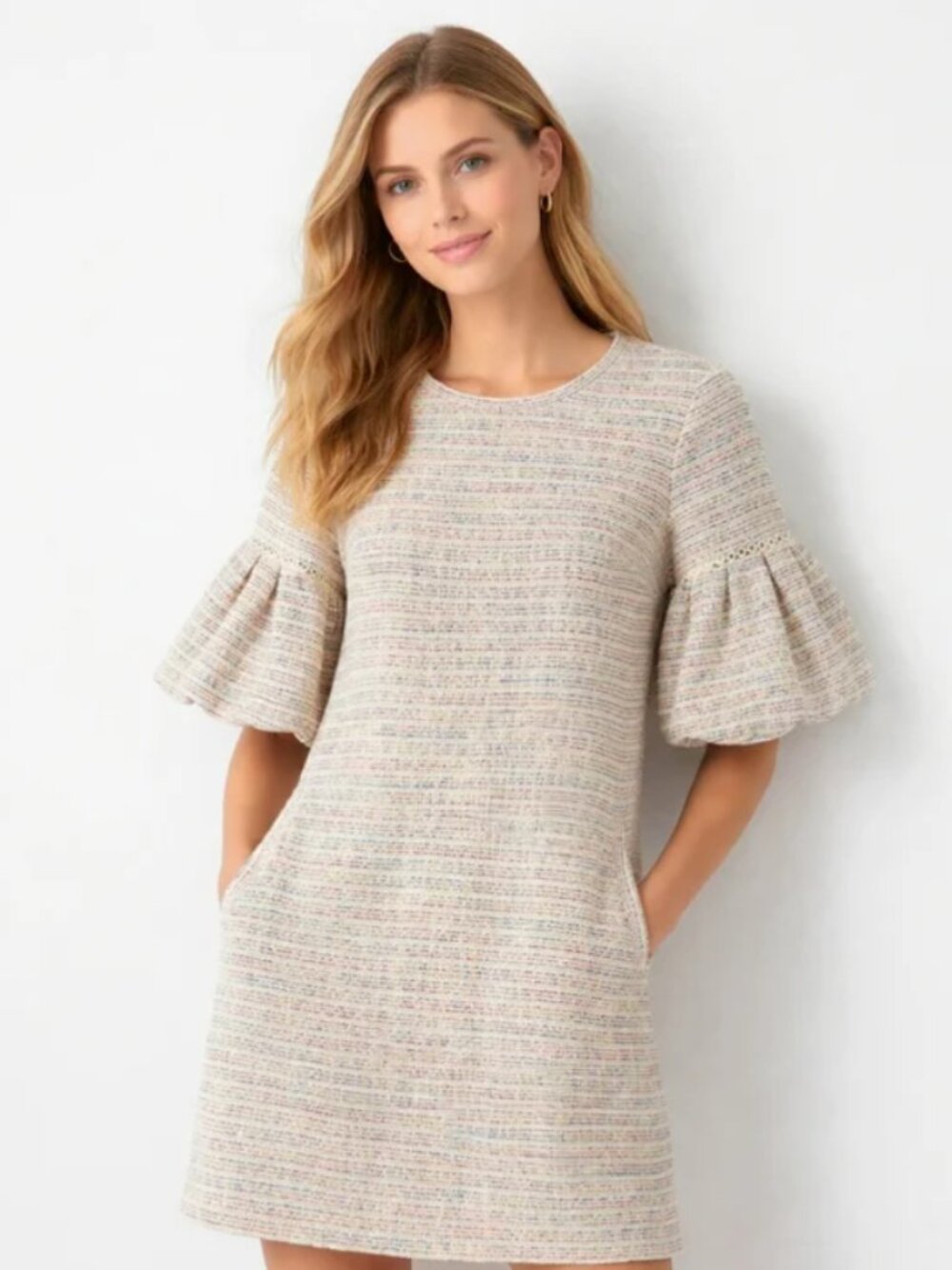 LOFT Cream Textured Mini Dress with Ruffle Sleeves